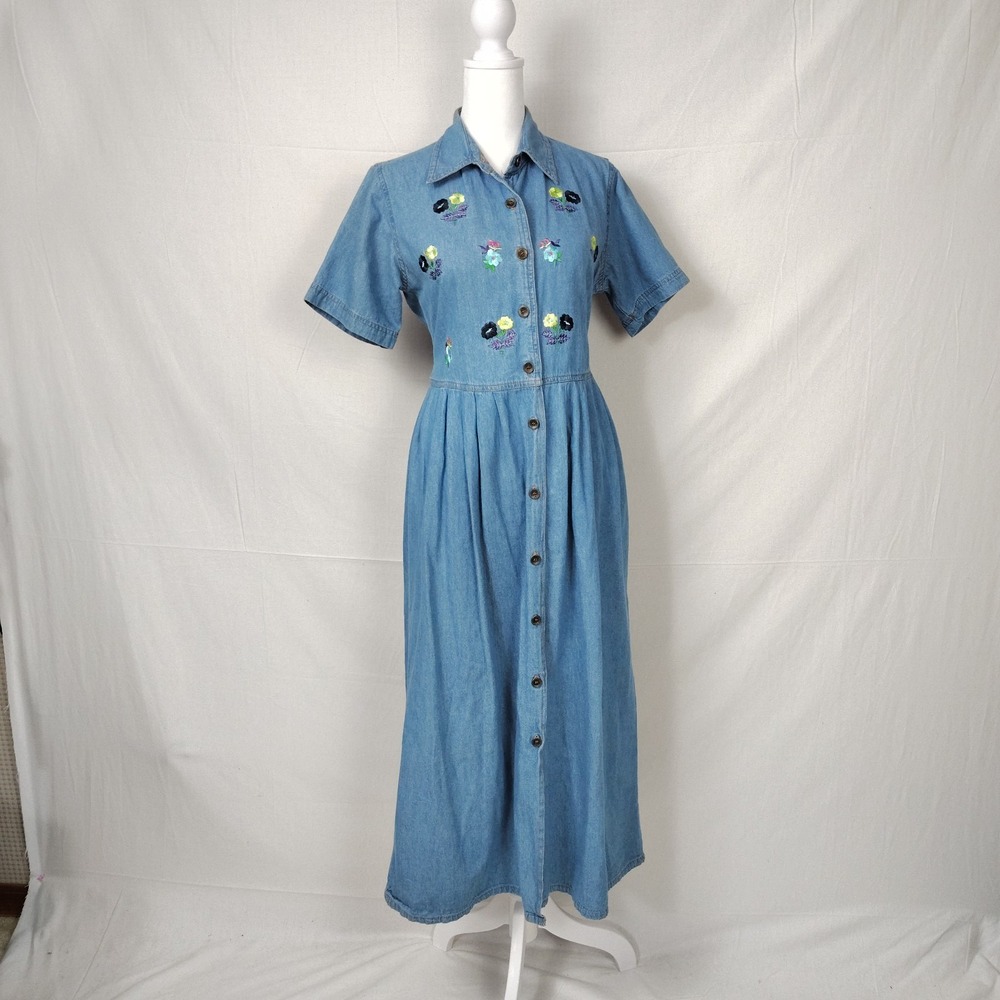 Vintage G.S. DENIMS Floral Embroidered Button Front Denim‎ Dress WOMEN'S Small